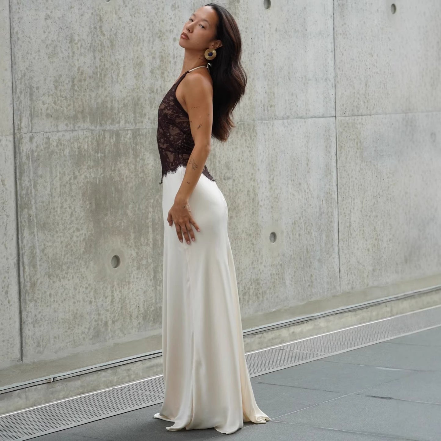 New sexy satin lace neck dress splicing hollow waist European and American suspender dress women