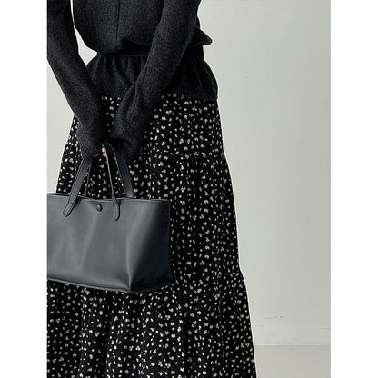 Retro floral splicing large skirt high waist skirt women's autumn new thin plush dress 1728