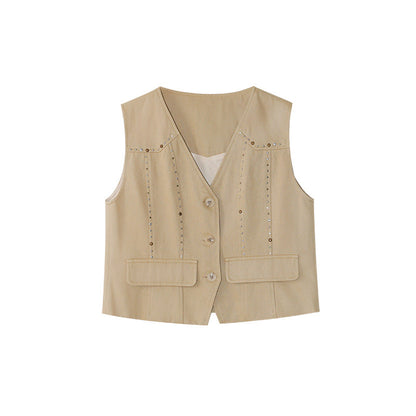Simple stacked sleeveless pure cotton v-neck vest women's short