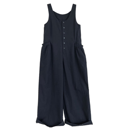 Korean version U-neck wide shoulder strap sleeveless jumpsuit stacked with large pockets casual pants, thin wide-leg trousers