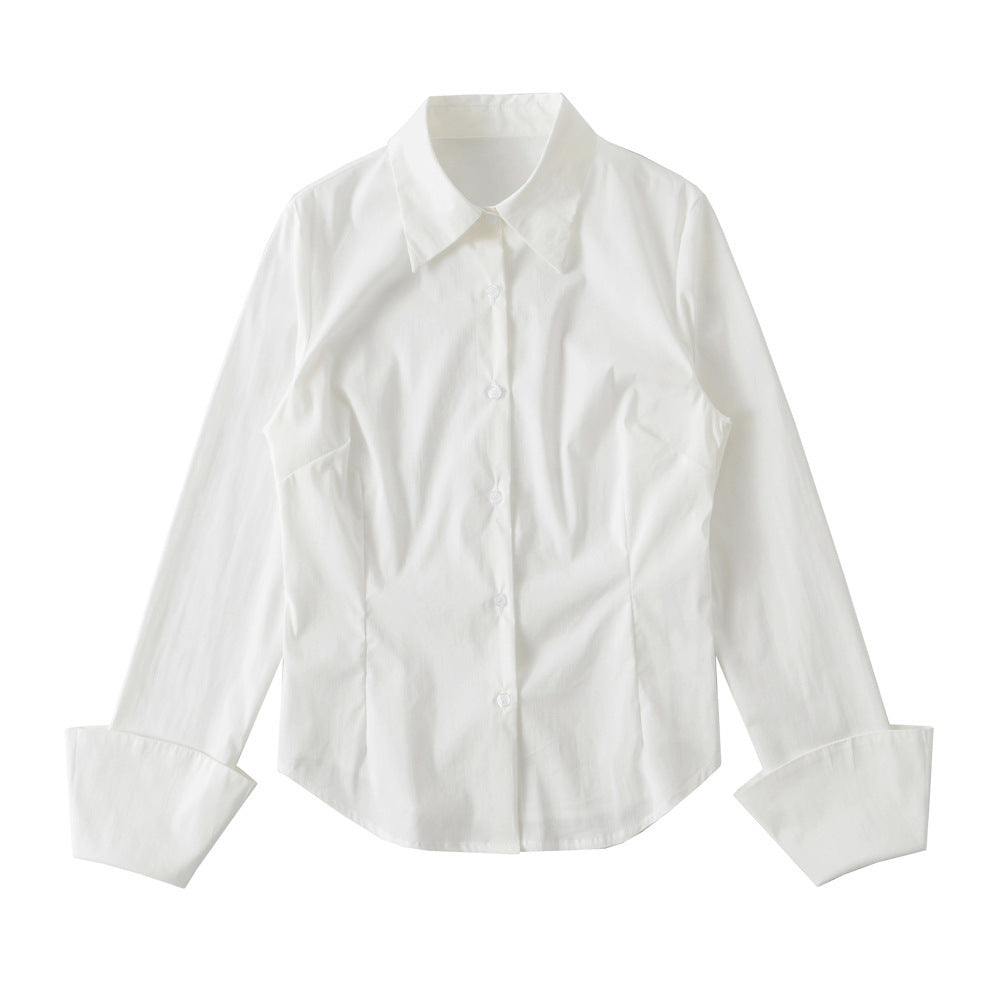 Polo Collar Long Sleeve Shirt Women Single-Breasted Button-Up Waist Fit