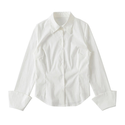 Polo Collar Long Sleeve Shirt Women Single-Breasted Button-Up Waist Fit