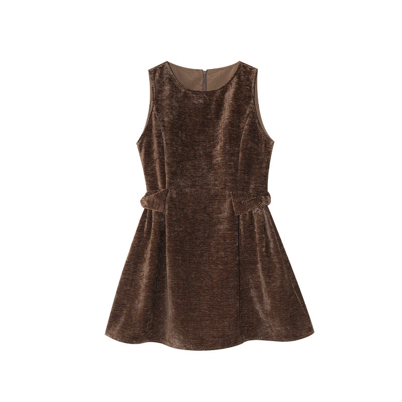 Sweet vintage velvet double bow waist vest dress