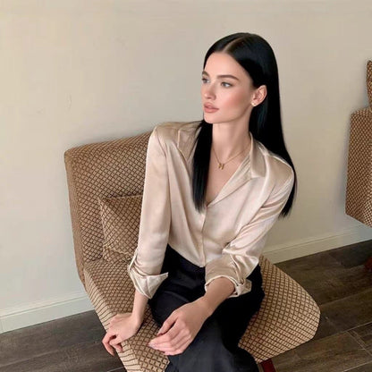 Real autumn and winter new design sense V-neck satin acetic acid shirt women's long-sleeved shirt versatile top