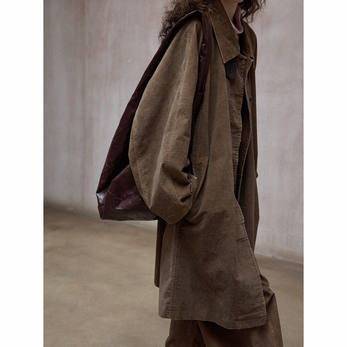 Pure handmade dirty dyed velvet washing process retro small square neck silhouette trench coat