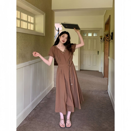 Gentle coffee break shell fringed strap v-neck dress