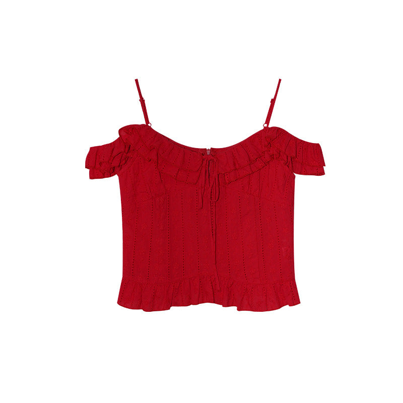 French sweet age-reducing delicate off-the-shoulder shirt women's suspender top