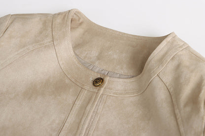 Vintage temperament imitation suede crew neck gold buckle jacket small man