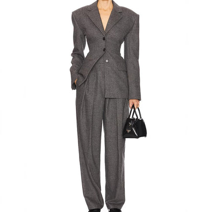 Wool Blazer Women Slim Fit Suit Collar Three-Button Mid-Length Jacket