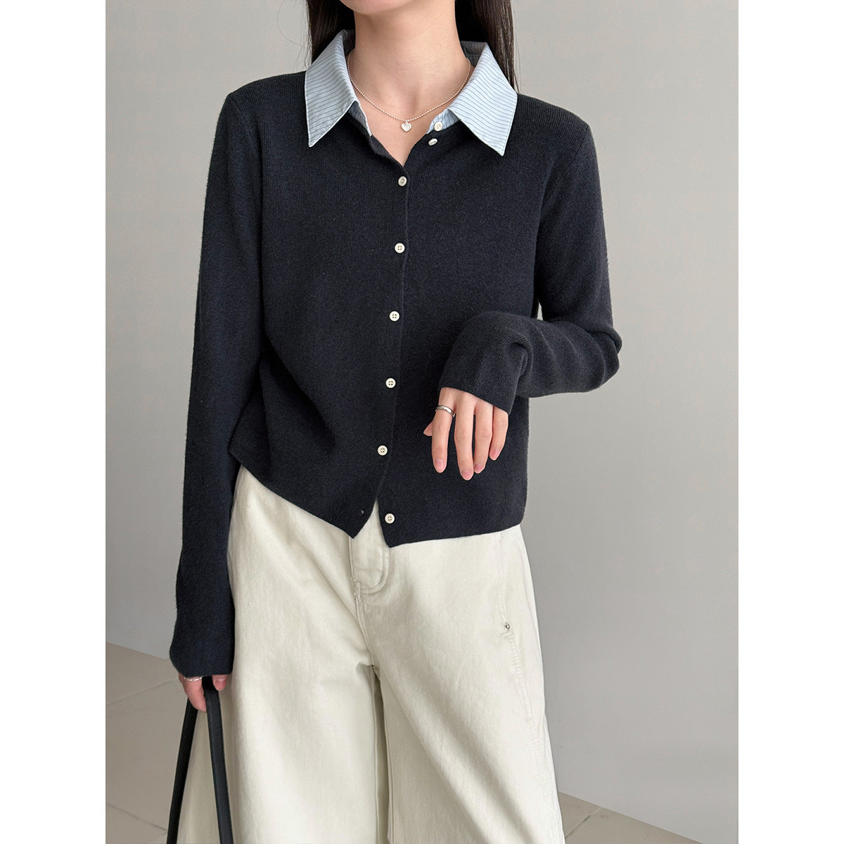 Fake two-piece splicing knitted cardigan women's Spring Festival lazy wind contrasting color shirt collar wide top
