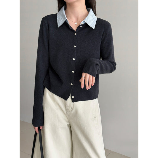 Fake two-piece splicing knitted cardigan women's Spring Festival lazy wind contrasting color shirt collar wide top