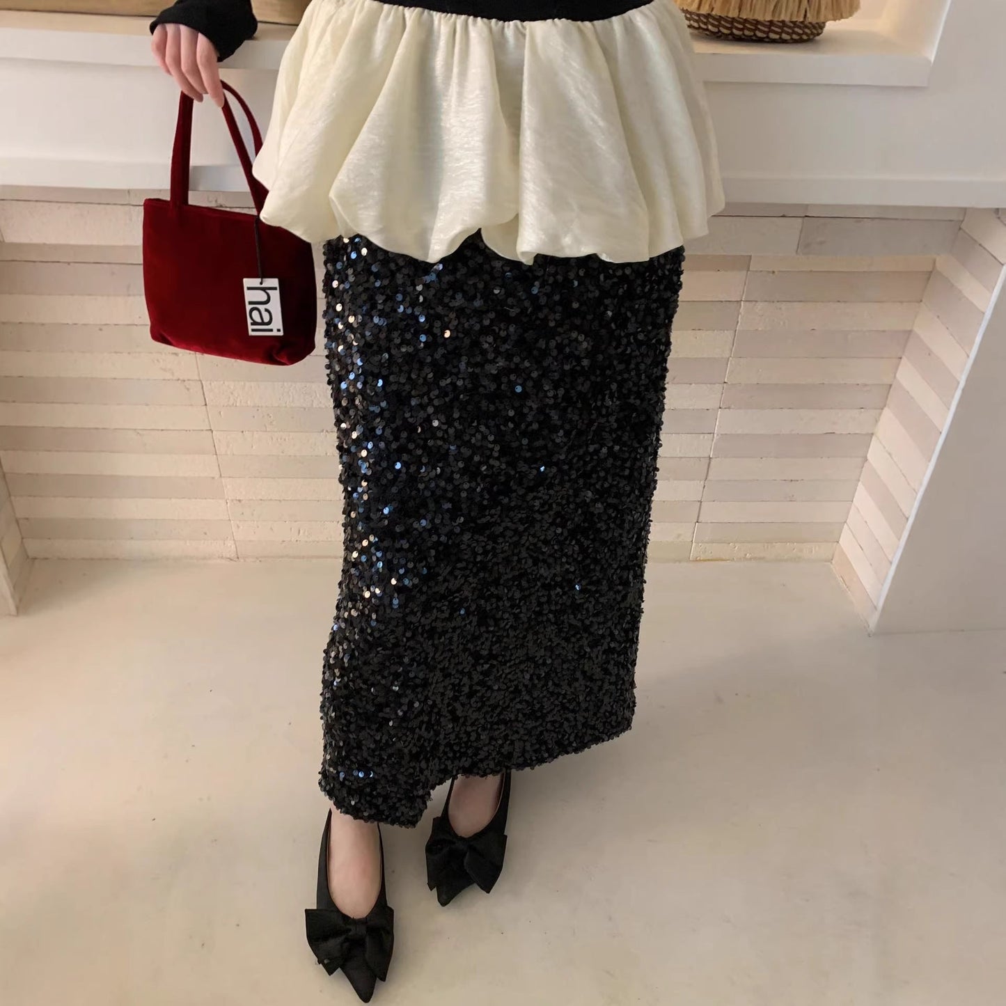 Temperament Annual Meeting atmosphere Skinny heavy industry sequined skirt