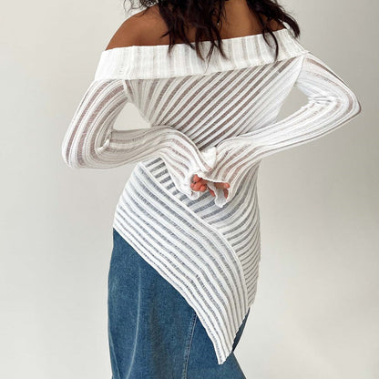 Off-Shoulder Knitted Sweater Women Long Sleeve Slim Fit French Style Top