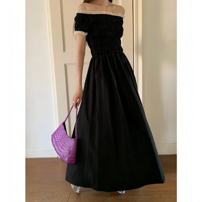 Women's Off-Shoulder Square Collar High-Waist Pleated A-Line Maxi Dress