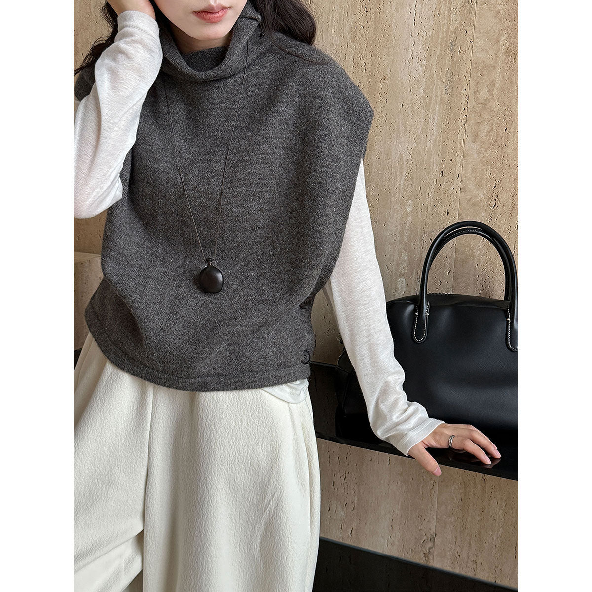 Pile collar knitted vest vest women's winter new lazy style, stacked wearing vest sweater