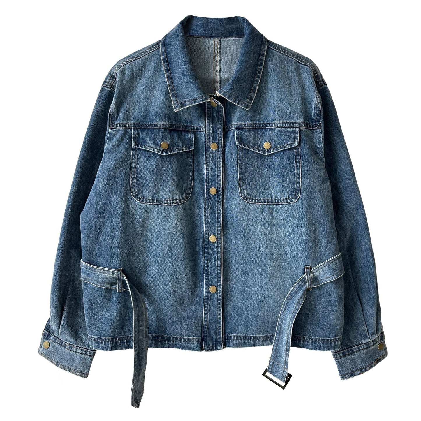 Vintage washed denim jacket women's spring new lapel lace-up waist jacket top