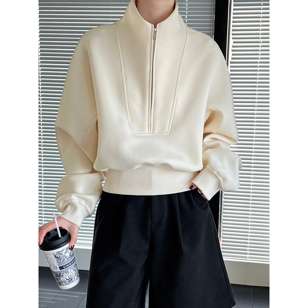 Half zipper sweater women's high-end spring wear new Korean casual sports high-waisted top