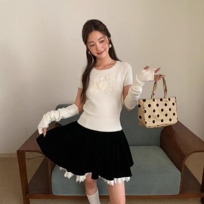 Women's 3D Floral Jacquard Asymmetric Sleeve Crew Neck Pullover Sweater