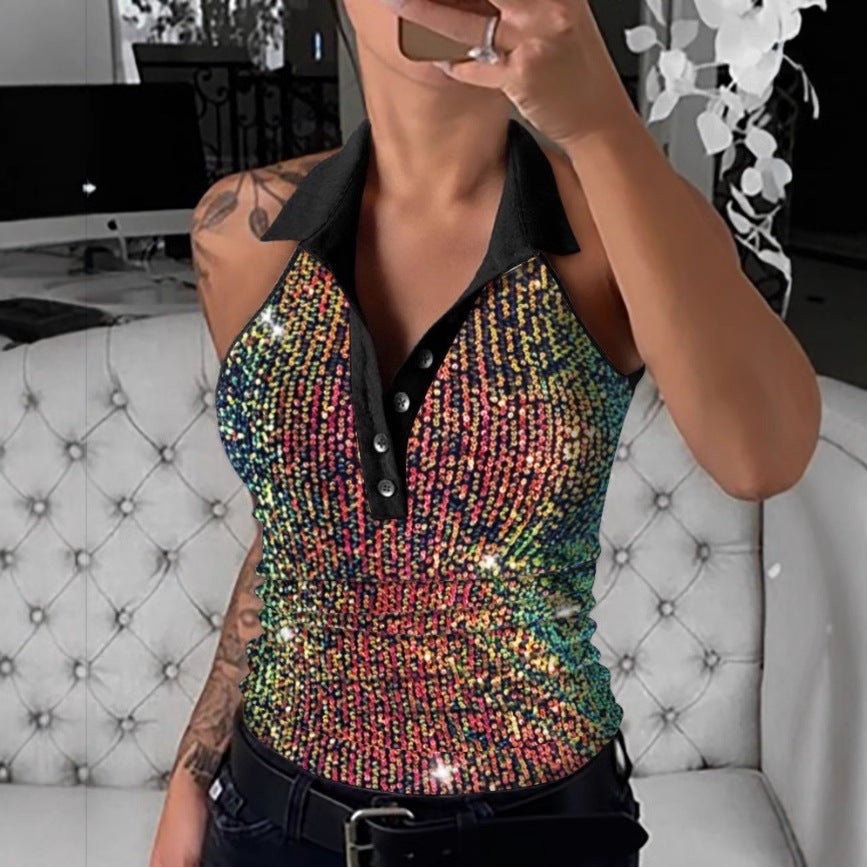 Fashion Sequin Lapel Button Sleeveless Top