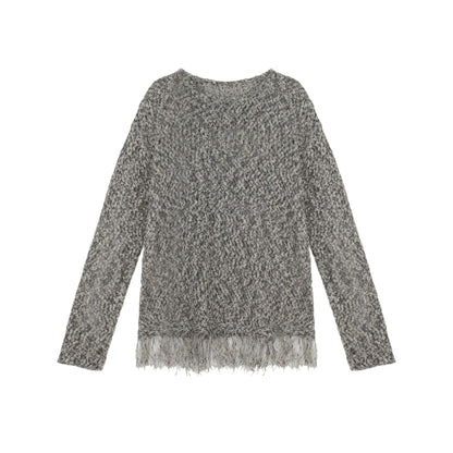 Fringed long-sleeved knitted sweater loose lazy top