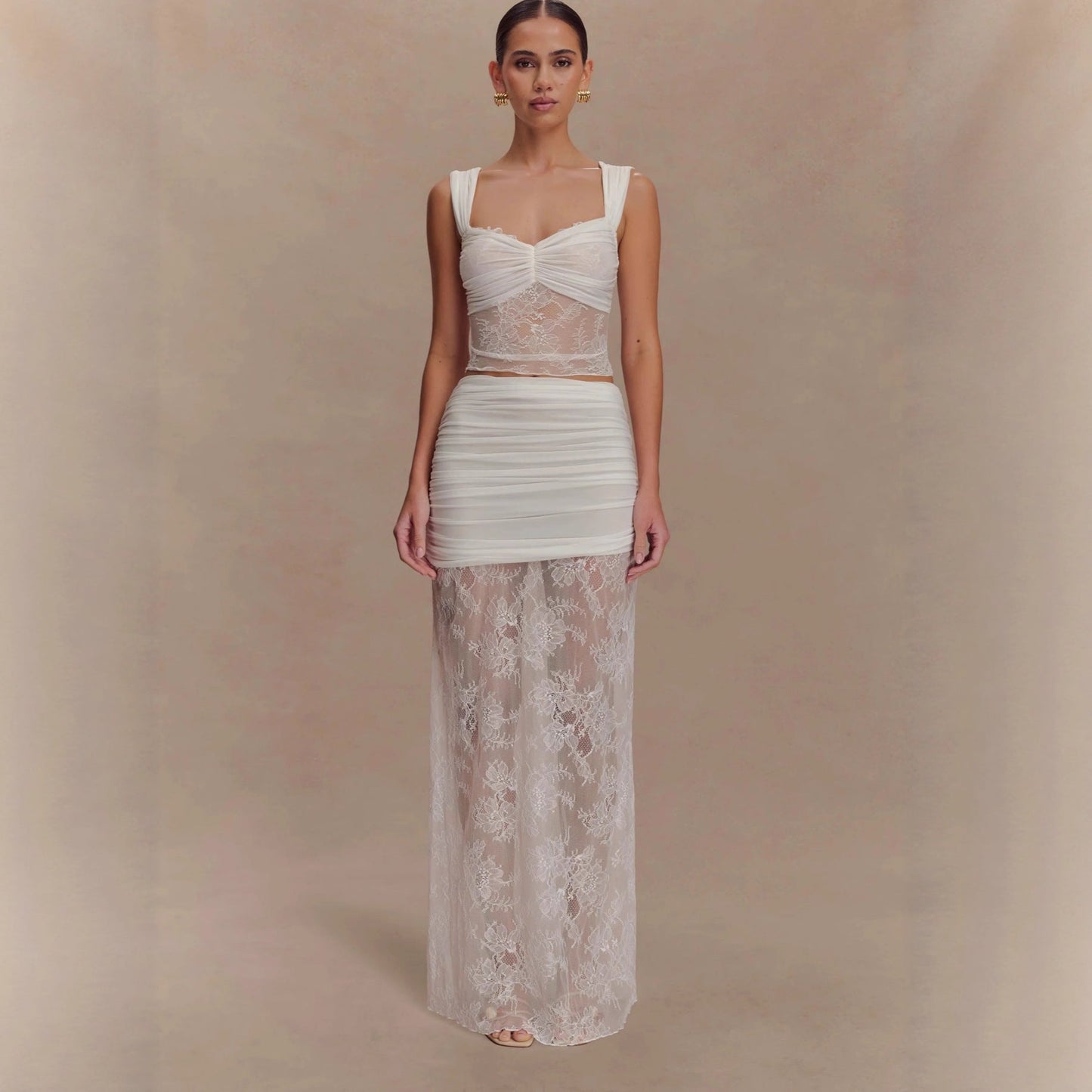 Fashion temperament lace suit skirt sexy hottie see-through top skirt two-piece suit women