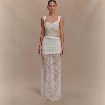 Fashion temperament lace suit skirt sexy hottie see-through top skirt two-piece suit women