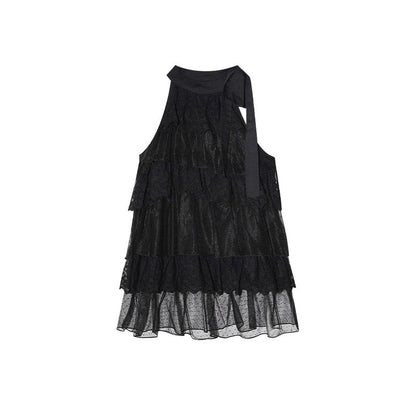 Ribbon bow multi-layer spliced sleeveless lace top