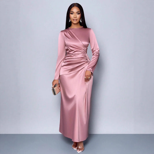 New solid color high-end satin dress fashionable and elegant temperament light evening dress