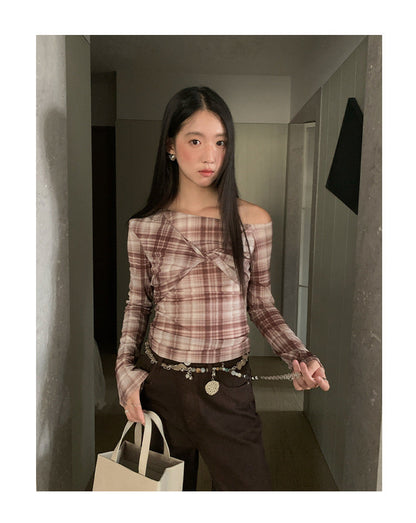 Slim Kink Design Slash Shoulder Plaid Long Sleeve Shirt