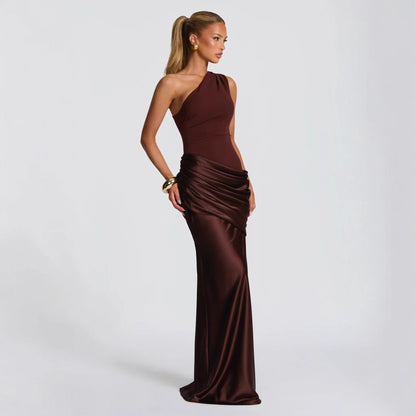 New fashion diagonal collar pleated satin strap hip skirt slim dress women