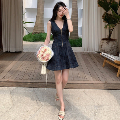 Denim Dress Women V-Neck Sleeveless High Waist A-Line Short