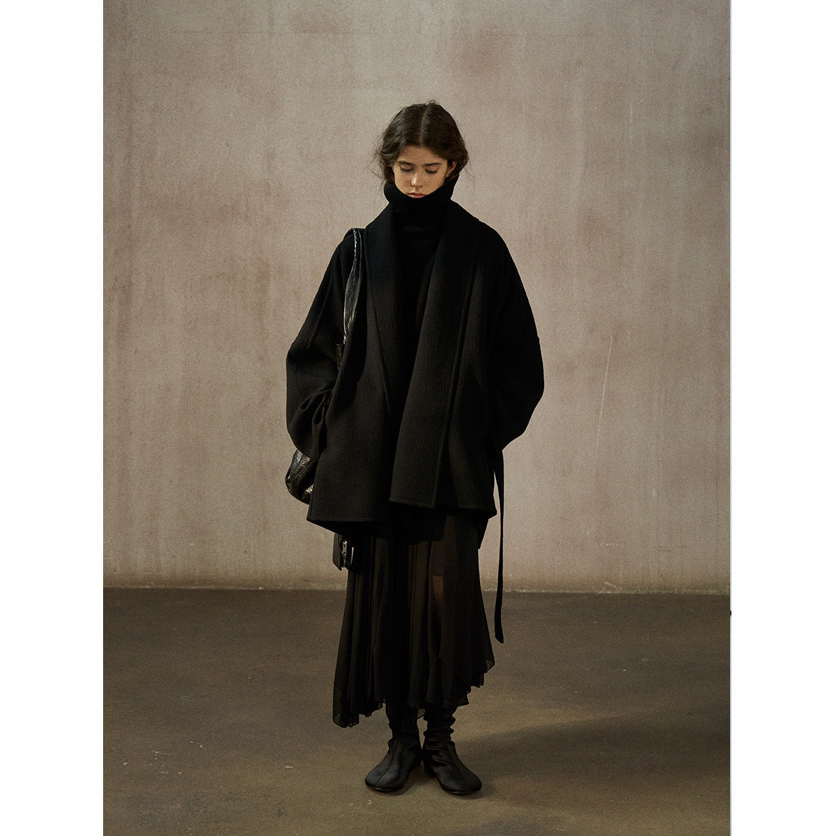 Wool thermal bat silhouette simple commuter bathrobe collar strap double-sided jacket