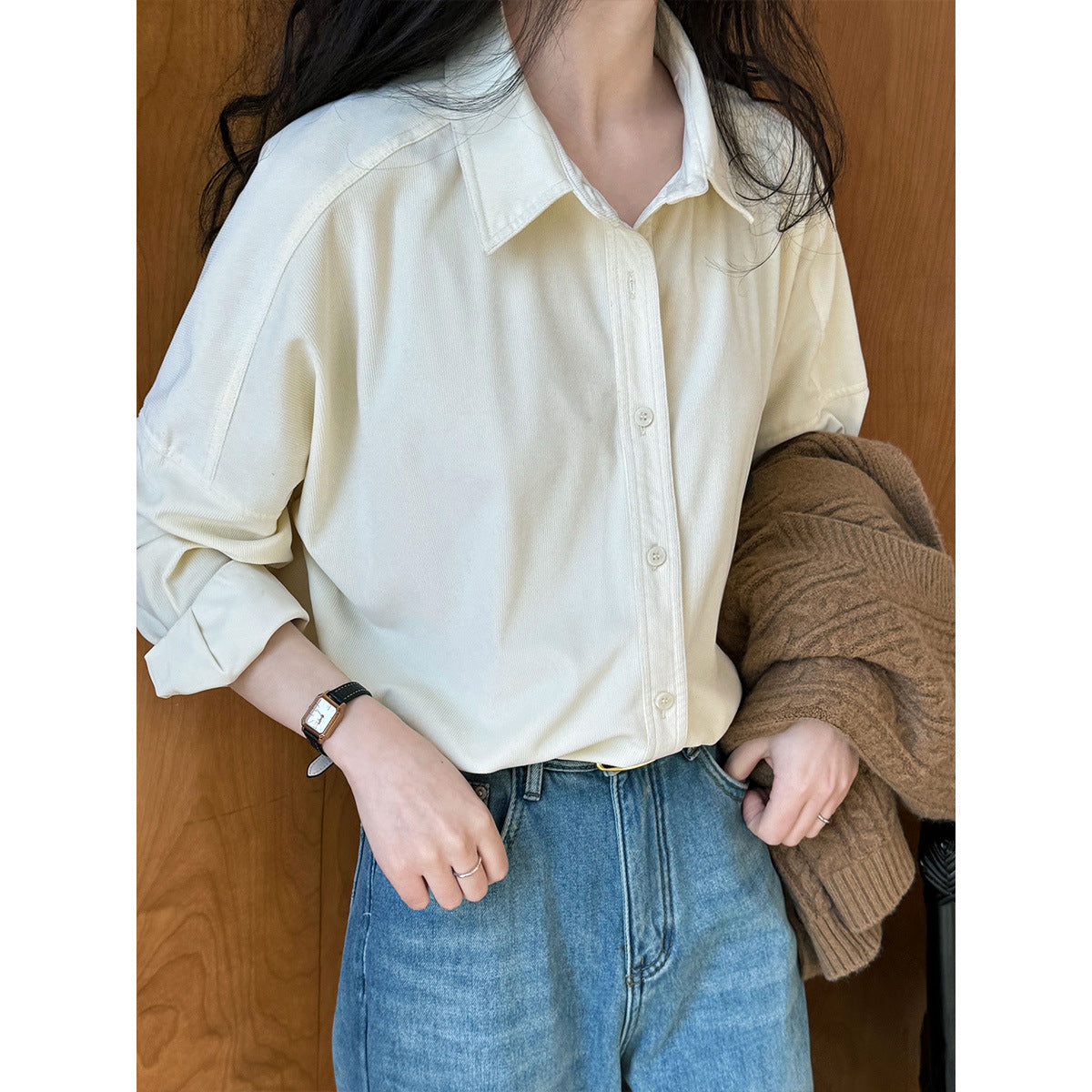 Japanese minimalist thickened brushed corduroy shirt for women
