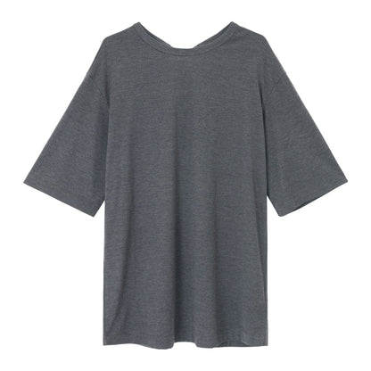 Autumn New Wool Blended Back Neck Split Strap Small Crew Neck Loose T-Shirt