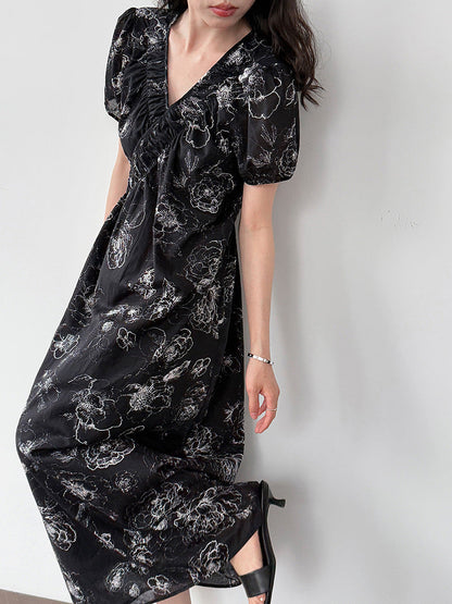 French classic ink painting floral one-piece dress, summer new high-end coffee break dress