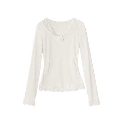 Lace stitching v-neck long-sleeved beautiful bottoming shirt