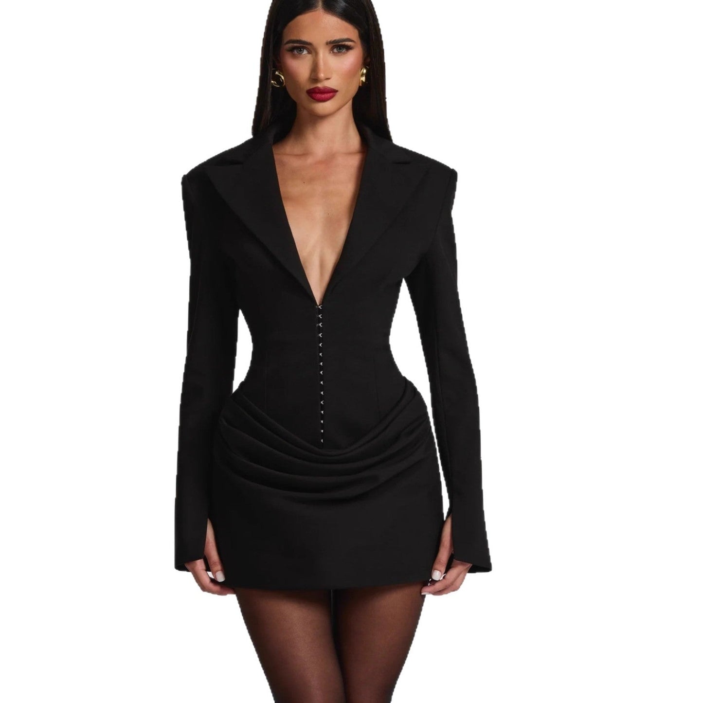 Fashion Sexy Deep V Suit Short Skirt Long Sleeve Celebrity Slim Fit Hip Wrap Dress