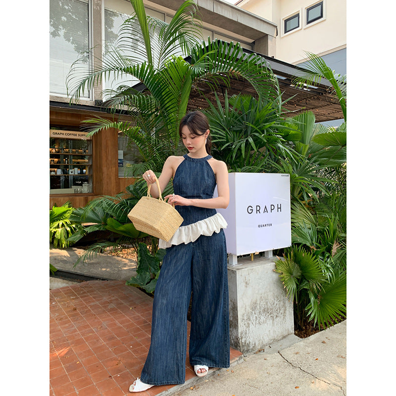 Retro fashion suit female high-end denim two-piece set