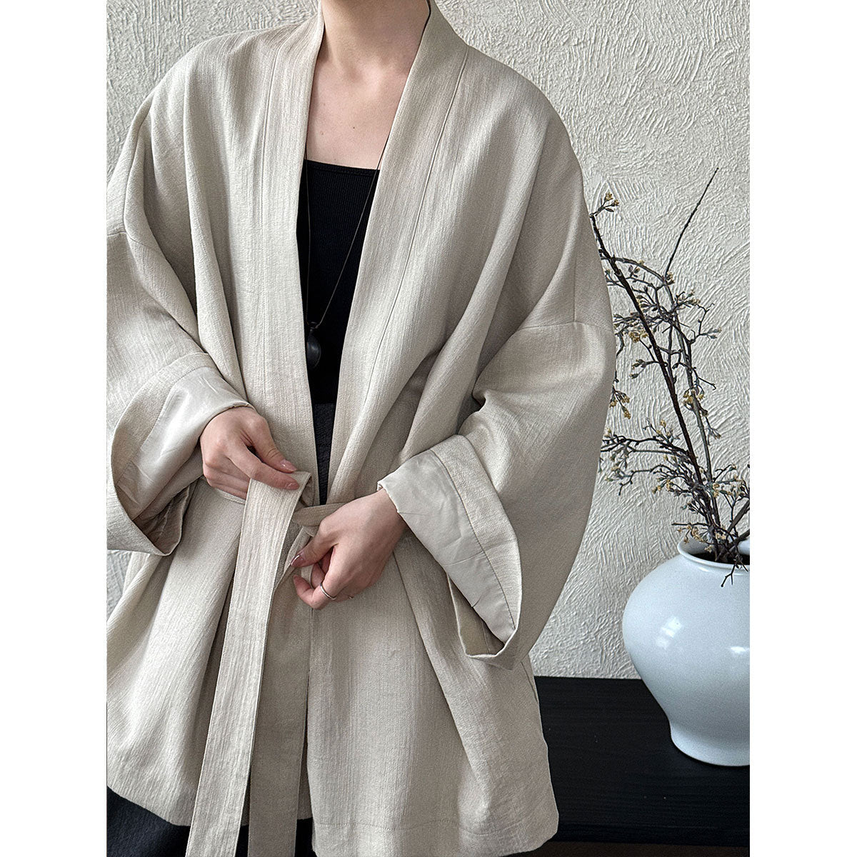 Japanese lazy daoist robe high-end women's autumn new solid color medium and long strap trench coat 8503
