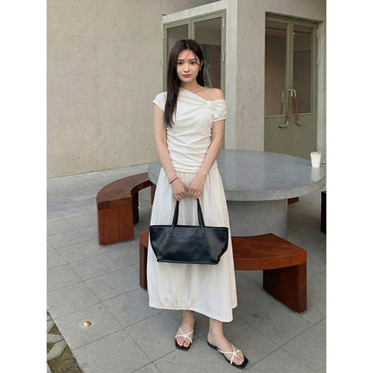 diagonal shoulder kinked top + skirt two-piece set