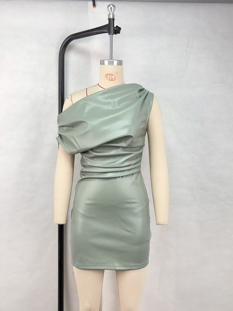 One-Shoulder PU Leather Mini Dress