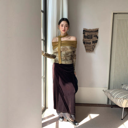 Elegant lace velvet high waist hip skirt