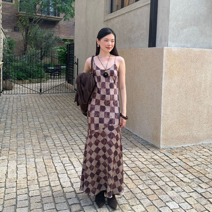 Skinny temperament checkerboard long suspender dress