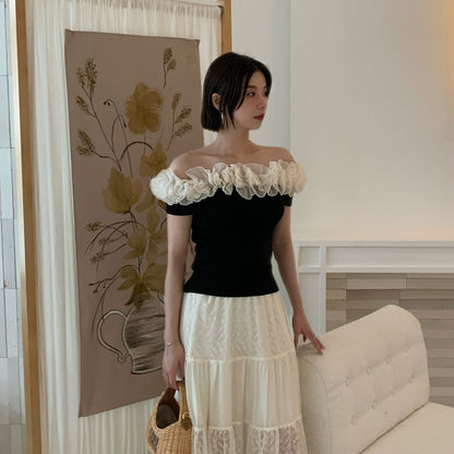 Sweet contrasting lotus leaf lace one-word shoulder short-sleeved t-shirt