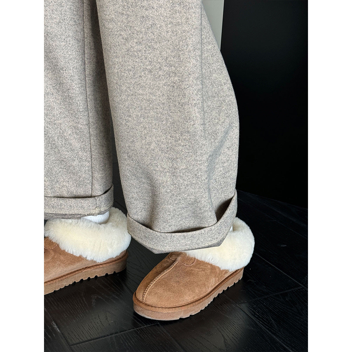 Korean version autumn and winter imitation cashmere grandma pants nine-point wide-leg pants elastic waist wool woolen pants women