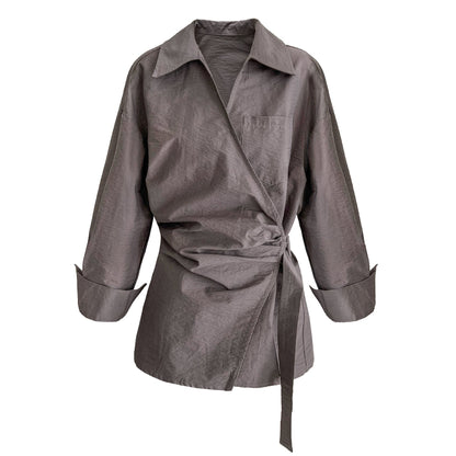 French design sense irregular cross strap shirt women's autumn new niche pleated top