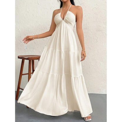 Ladies seaside neck holiday dress backless V-neck thin white pleats