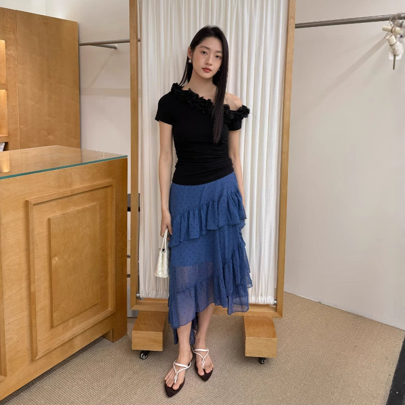 Fashion asymmetric lotus leaf stitching thin polka dot skirt