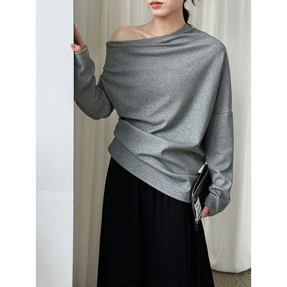 Irregular design slanted shoulder long-sleeved sweater women's autumn new lazy Sorona off-the-shoulder top