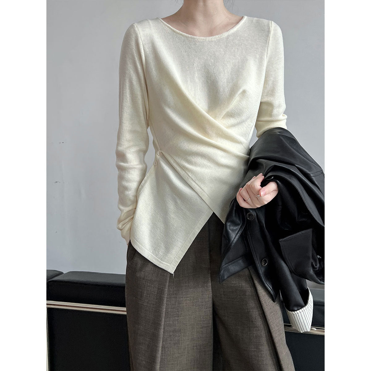 Korean wear early autumn top irregular hem cross waist bottoming knitted sweater women's sweater